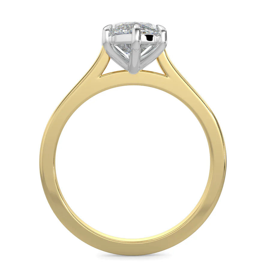 Front view of yellow lab diamond ring featuring a small central diamond in four prong setting.