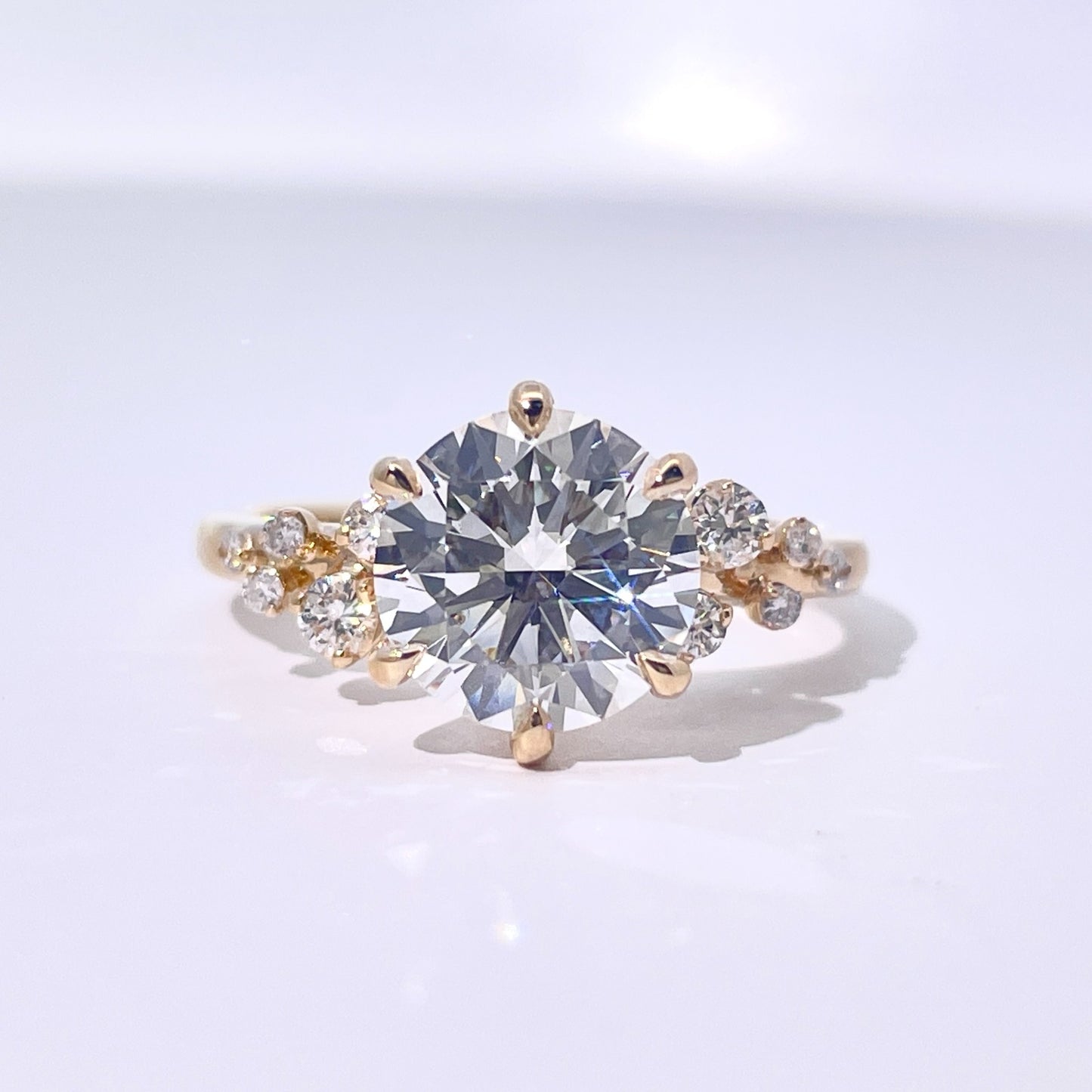 Engagement Ring 6 Claw Round Solitaire with Accent Stones