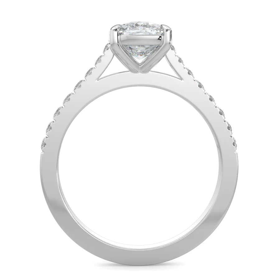 Front view of a silver lab diamond ring featuring small diamonds on the band and a larger central diamond of oval shape in four prong setting.