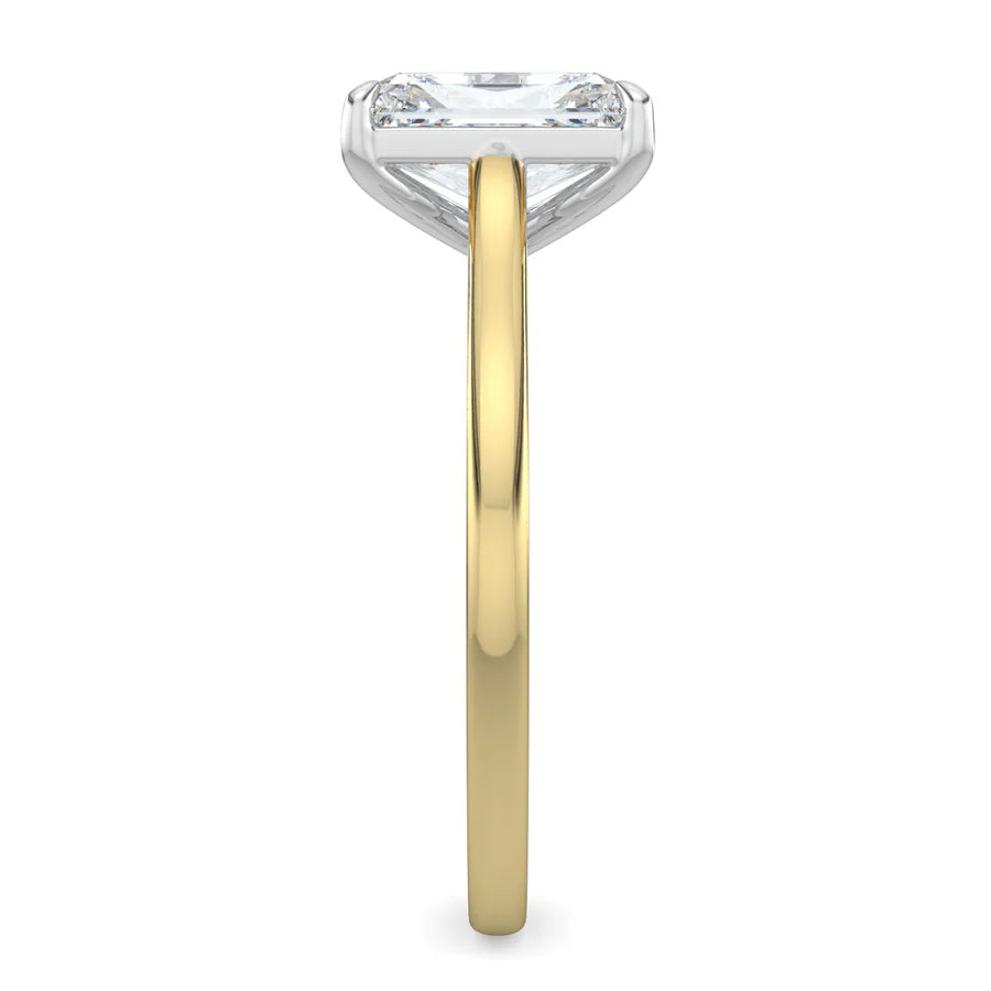 Side view of a lab diamond ring in yellow color featuring a polished band and a larger central diamond of round cut in a four-prong setting