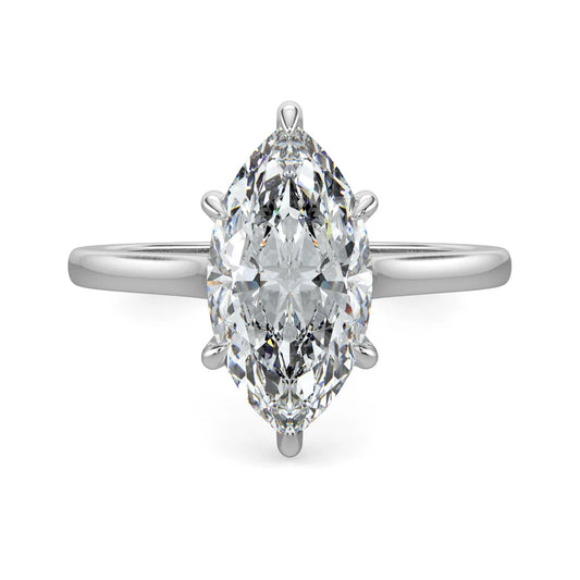 Front view of a round silver lab diamond ring featuring a central diamond in a six-prong setting, with a polished band.