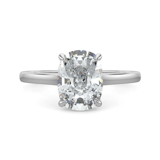 Silver color Cathedral solitaire diamond engagement ring featuring a large oval diamond set in four prongs.