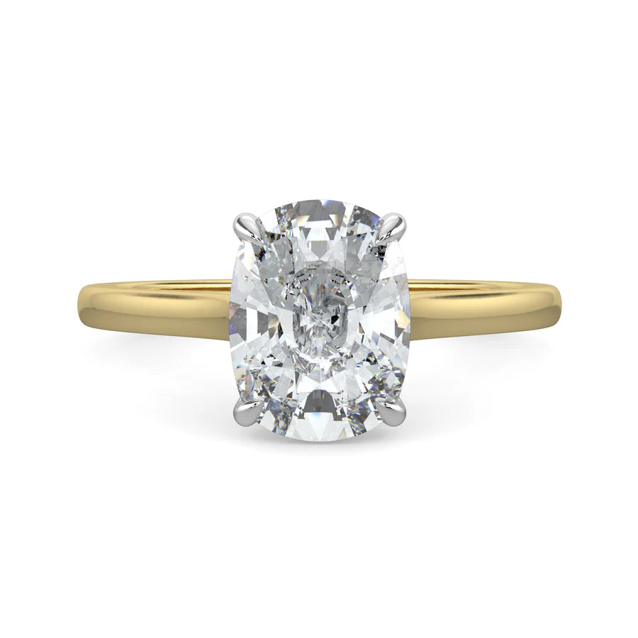 Gold color Cathedral solitaire diamond engagement ring featuring a large oval diamond set in four prongs.