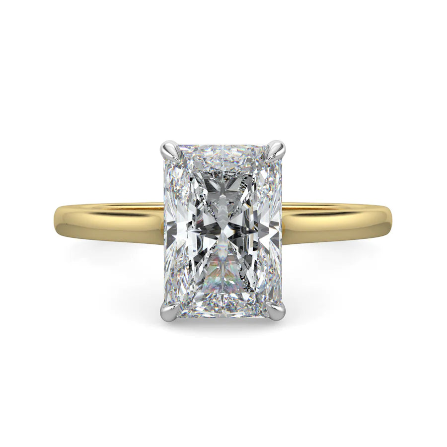 Top view of a yellow gold lab diamond ring featuring a polished band and a larger central diamond of round cut in a four-prong setting.