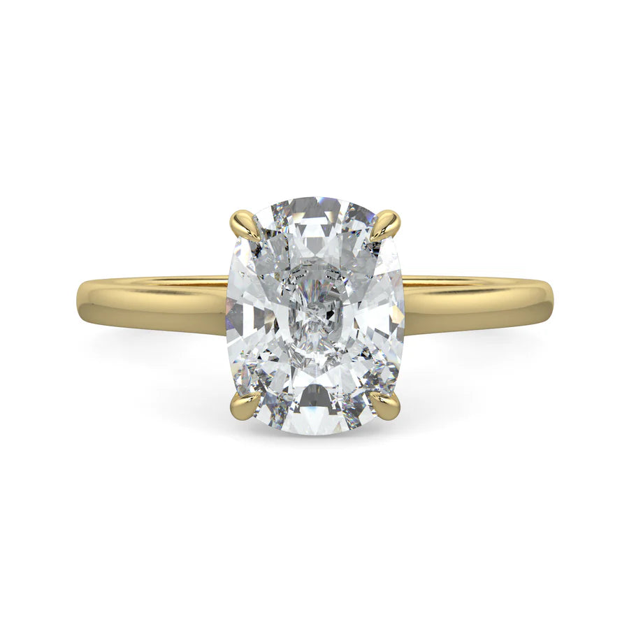 Gold color Cathedral solitaire diamond engagement ring featuring a large oval diamond set in four prongs.