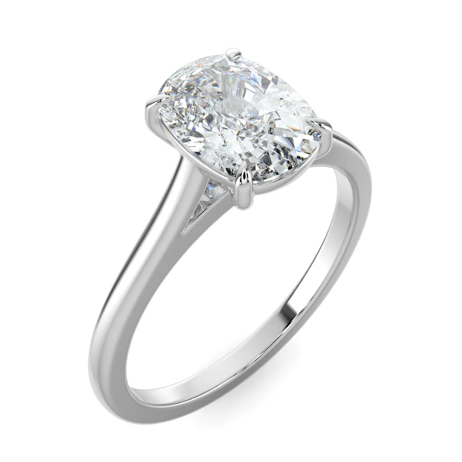 Silver color Cathedral solitaire diamond engagement ring featuring a large oval diamond set in four prongs.