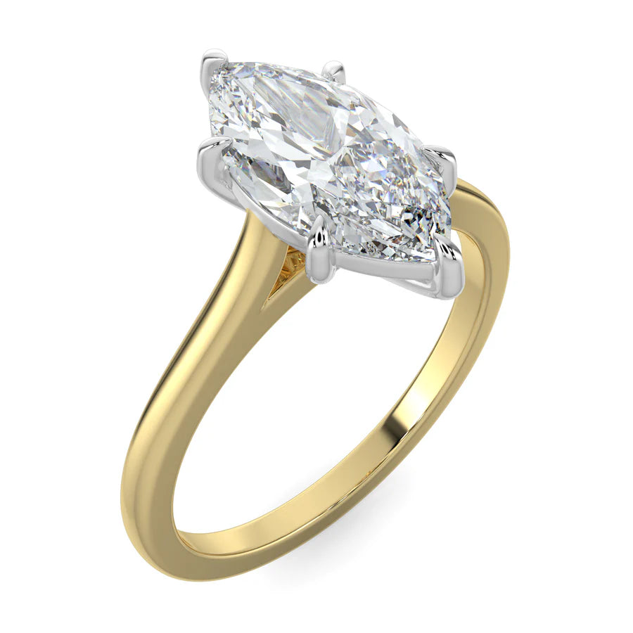 Angled view of yellow lab diamond ring featuring a larger central diamond in six prong setting.