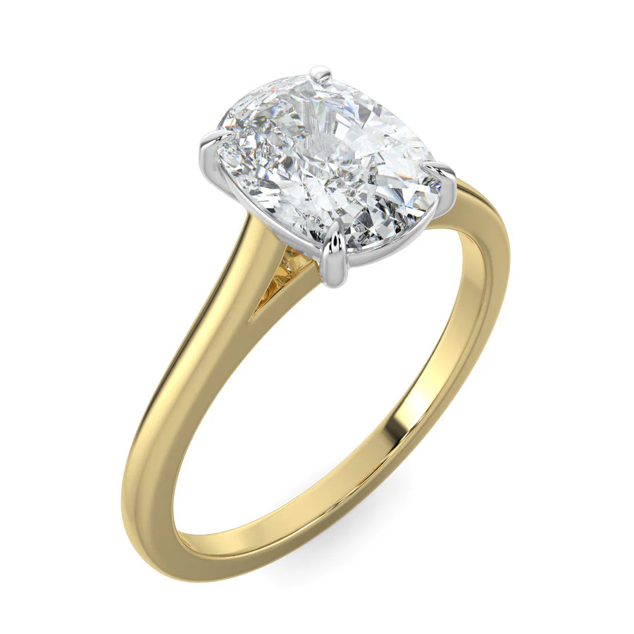 Gold color Cathedral solitaire diamond engagement ring featuring a large oval diamond set in four prongs.