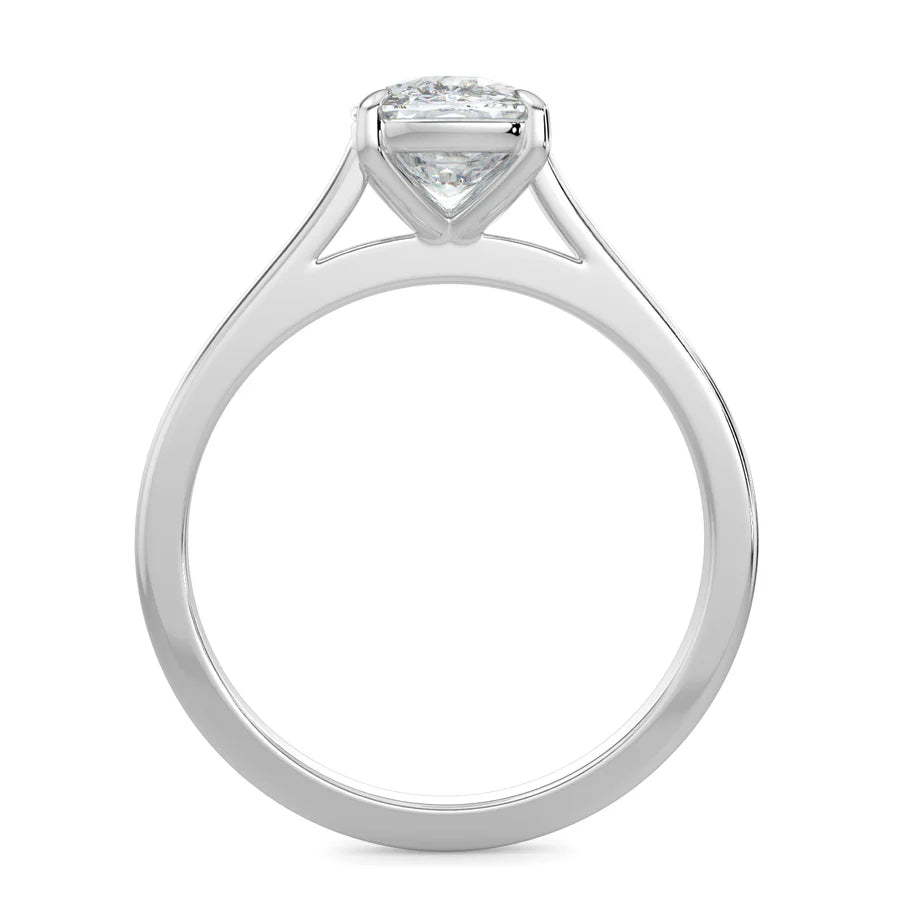 Front view of a silver solitaire lab diamond engagement ring featuring a round cut diamond in six-prong setting.