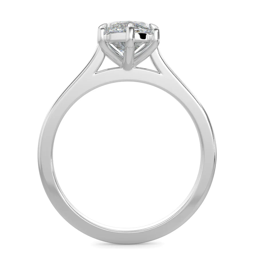 Front view of light silver lab diamond ring featuring a small central diamond in four prong setting.