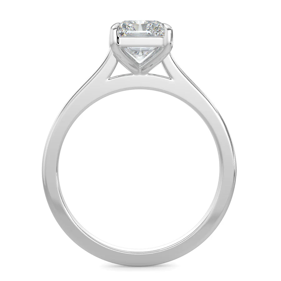 Front view of a silver lab diamond ring featuring a polished band and a small central diamond in a four-prong setting