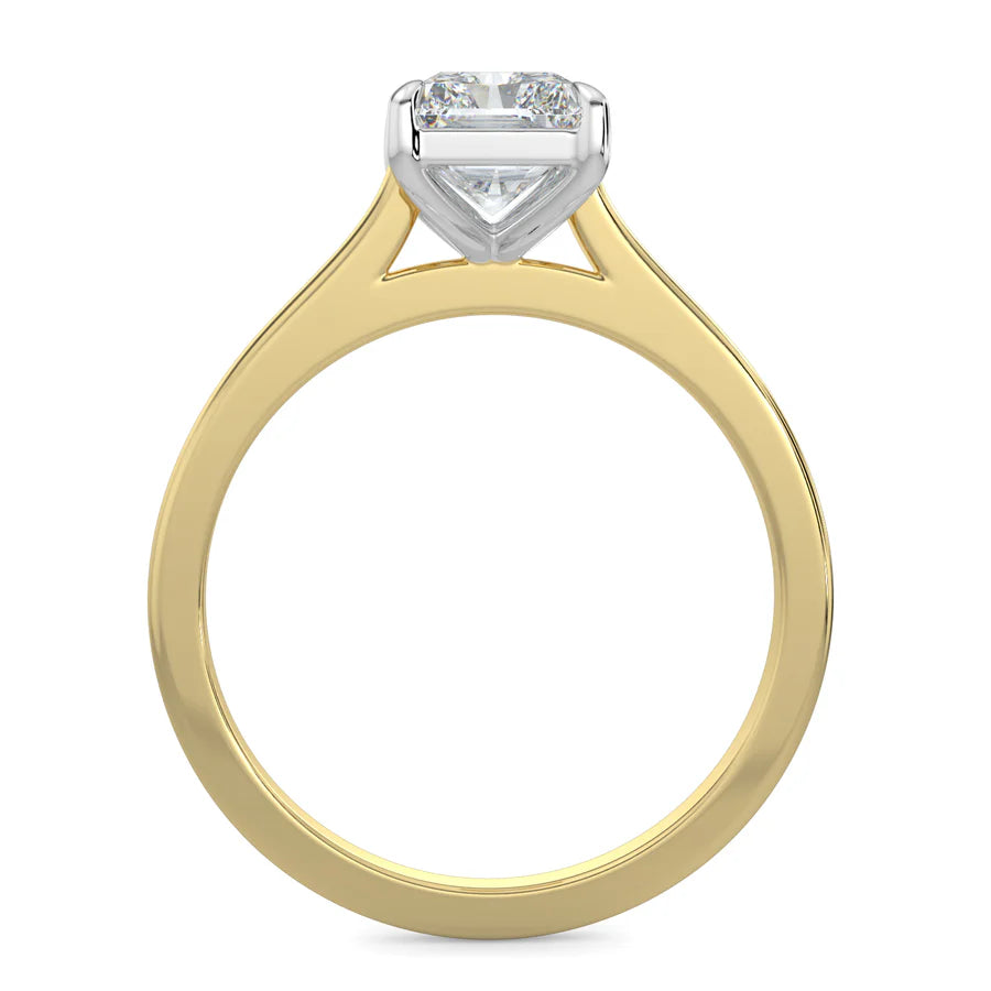 Front view of a lab diamond ring in yellow color featuring a polished band and a small central diamond in a four-prong setting