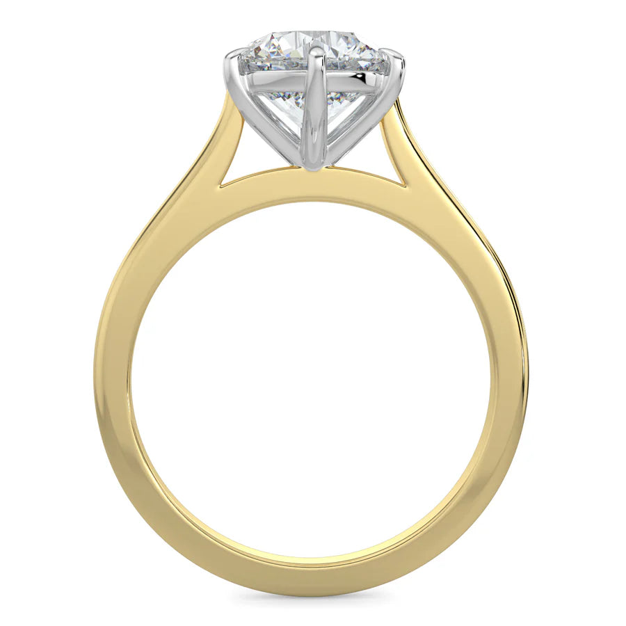 Top view of a cathedral-style solitaire engagement ring in yellow gold, featuring a round white diamond held by three prongs. 