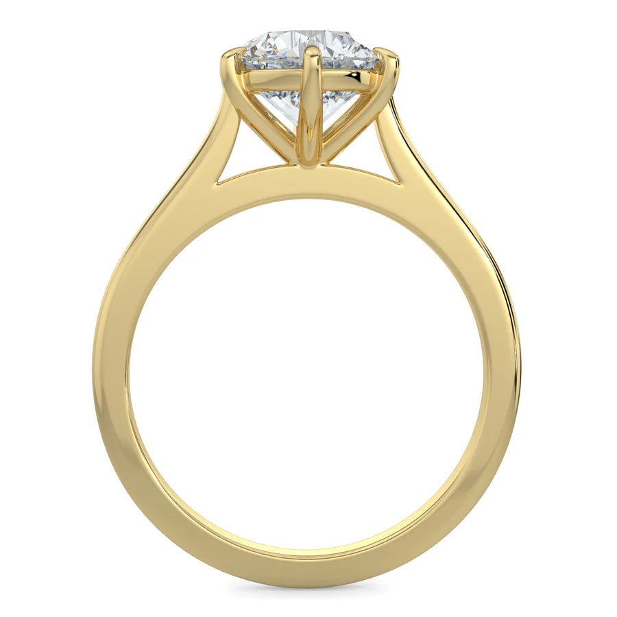 Top view of a cathedral-style solitaire engagement ring in yellow gold, featuring a round white diamond held by three prongs. 