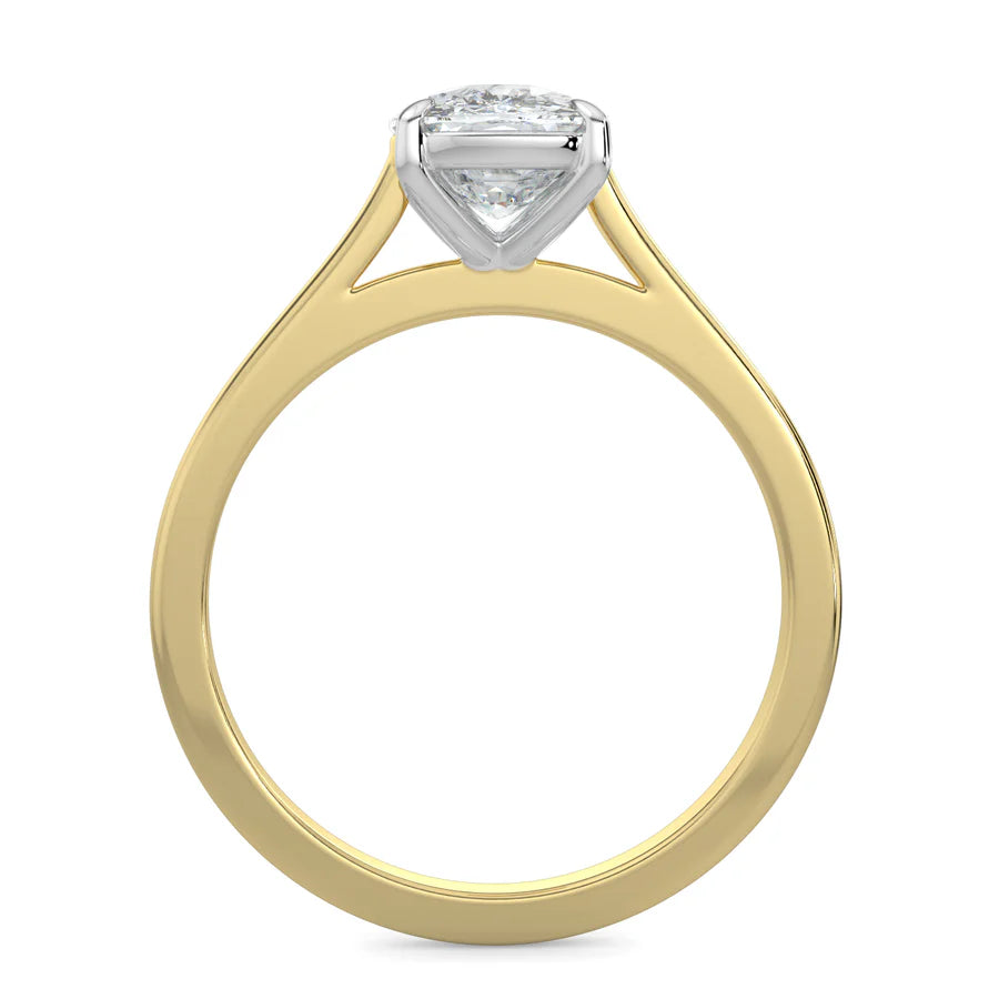 Front view of a gold solitaire lab diamond engagement ring featuring a round cut diamond in silver color six-prong setting.
