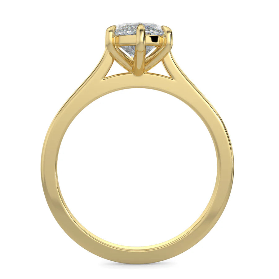 Front view of yellow lab diamond ring featuring a small central diamond in four prong setting.