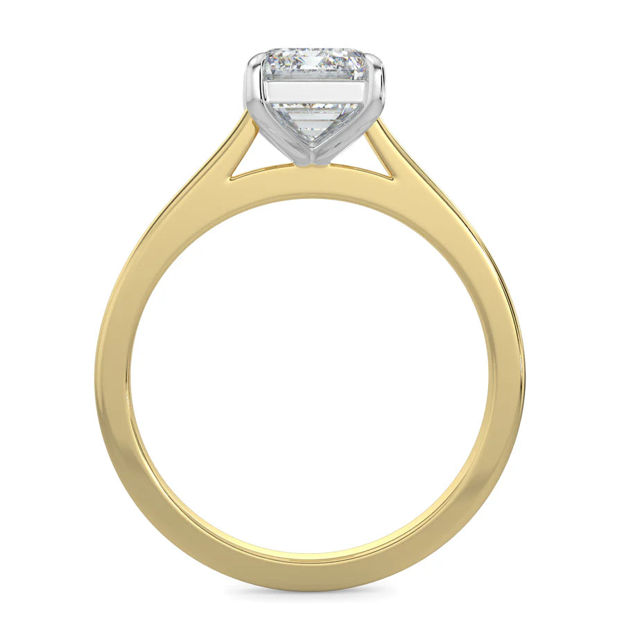 Front view of a gold lab diamond ring with polished band in silver color four prong setting.