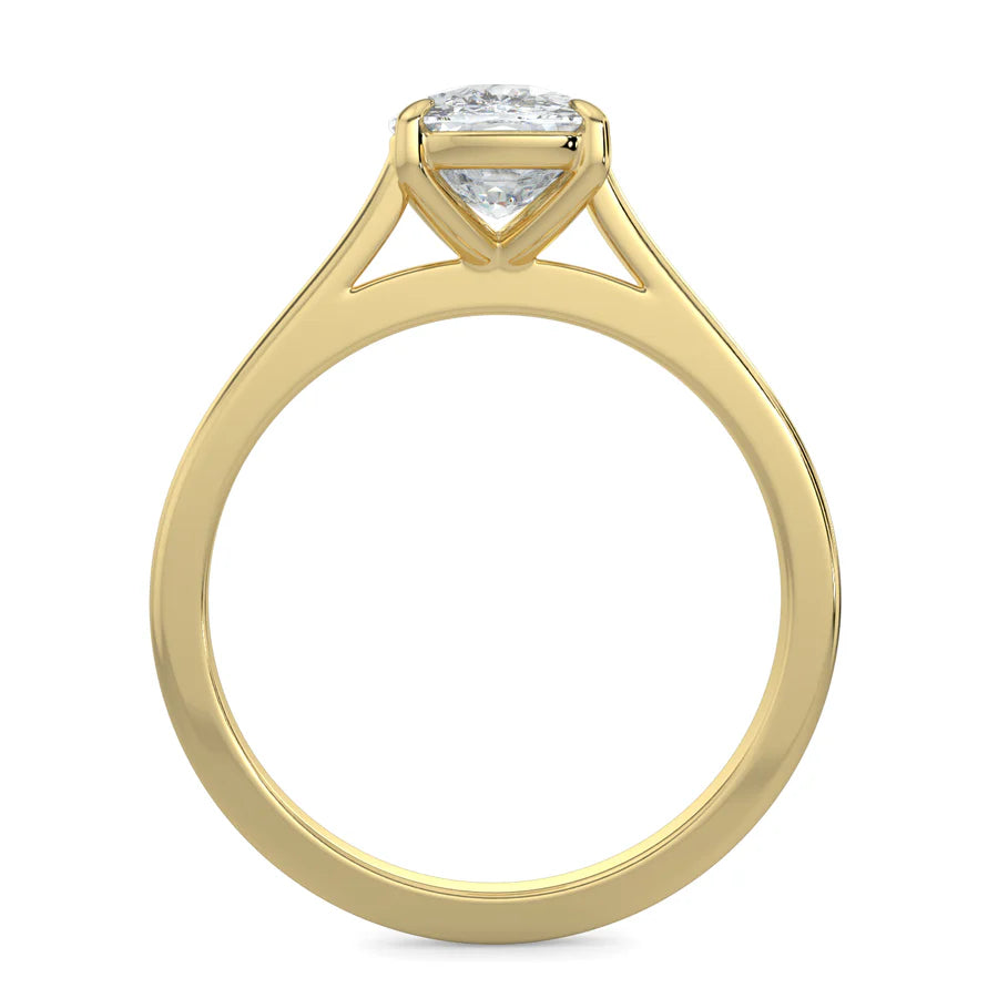 Front view of a gold solitaire lab diamond engagement ring featuring a round cut diamond in six-prong setting.