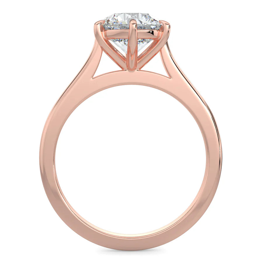 Top view of a cathedral-style solitaire engagement ring in rose gold, featuring a round white diamond centerpiece secured by three prongs.