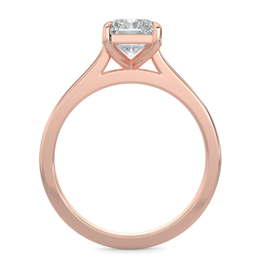 Front view of a rose gold lab diamond ring featuring a polished band and a small central diamond in a four-prong setting