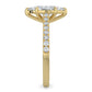 Side view of a gold lab diamond ring featuring small diamonds on the band and a larger central diamond of pear shape in six prong setting.