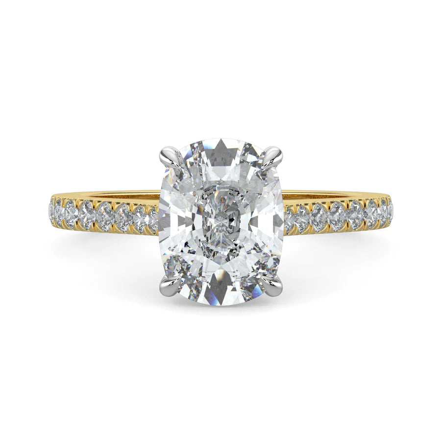 A gold lab diamond ring featuring small diamonds on the band and a larger central diamond of oval shape in silver color four prong setting.