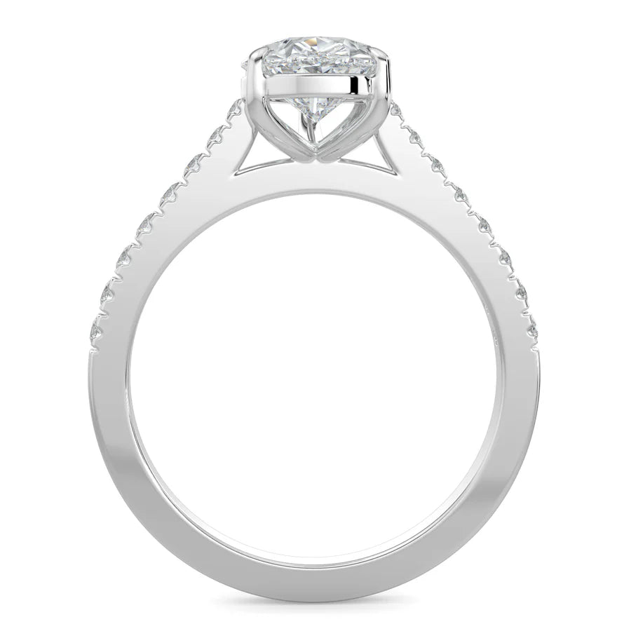 Front view of a silver solitaire lab diamond engagement ring featuring a round cut diamond in six-prong setting.