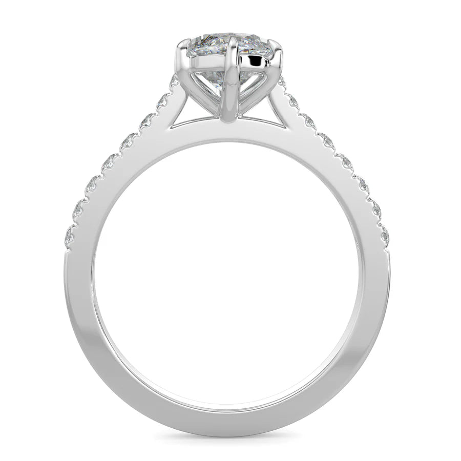 Front view of a silver lab diamond ring featuring small diamonds on the band and a larger central diamond of round shape in six prong setting.