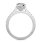 Front view of a silver lab diamond ring featuring small diamonds on the band and a larger central diamond of round shape in six prong setting.