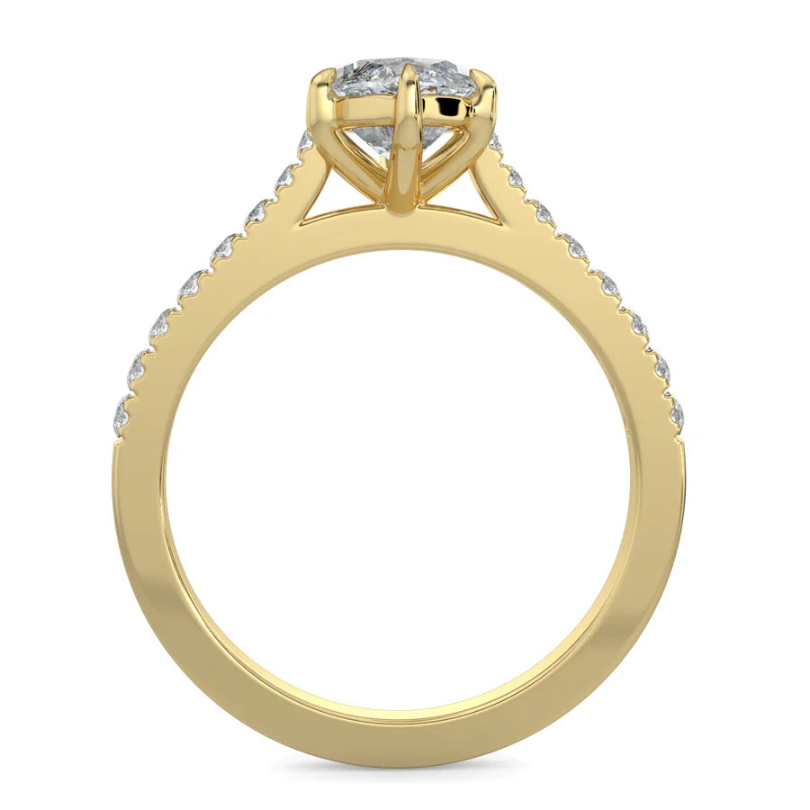 Front view of a gold lab diamond ring featuring small diamonds on the band and a larger central diamond of round shape in six prong setting.