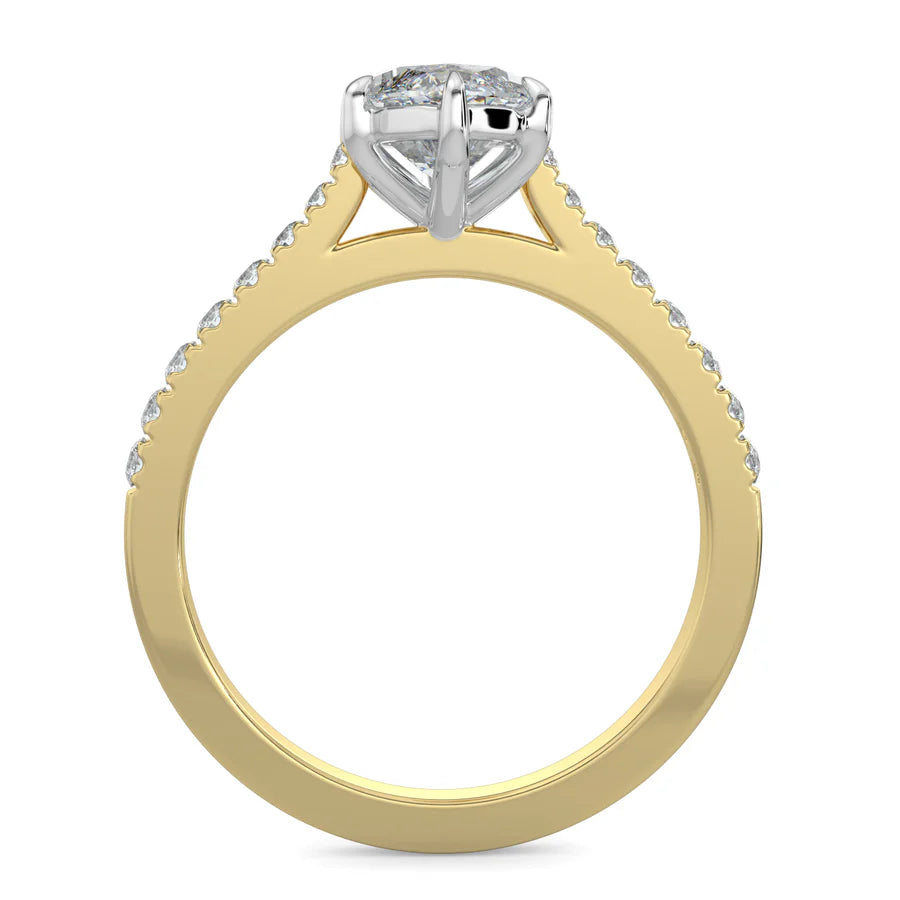 Front view of a gold lab diamond ring featuring small diamonds on the band and a larger central diamond of round shape in silver color six prong setting.