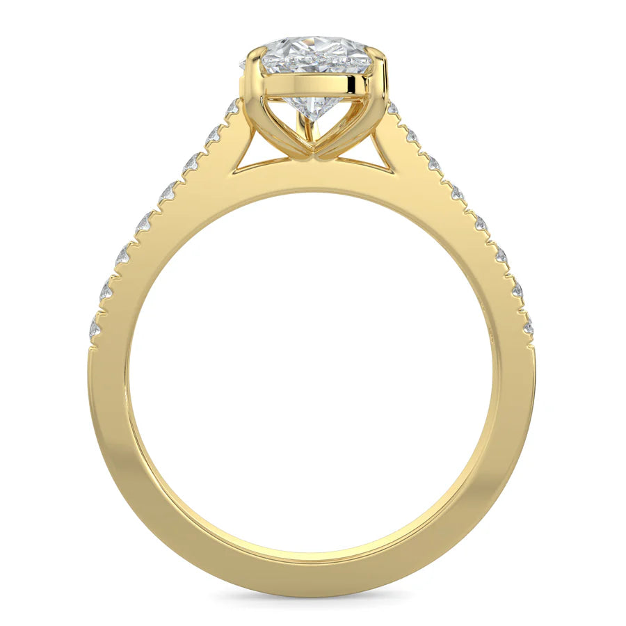 Front view of a gold solitaire lab diamond engagement ring featuring a round cut diamond in six-prong setting.