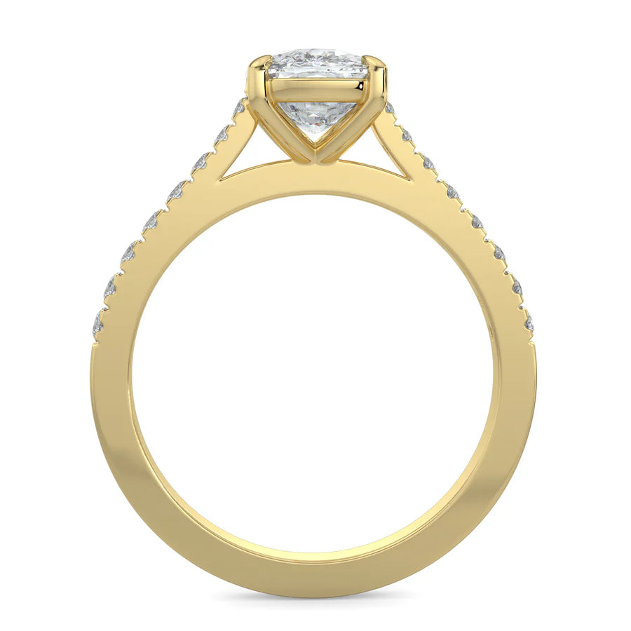 Front view of a gold lab diamond ring featuring small diamonds on the band and a larger central diamond in four prong setting.