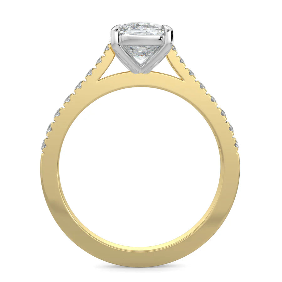 Front view of a gold lab diamond ring featuring small diamonds on the band and a larger central diamond in silver color prong setting.