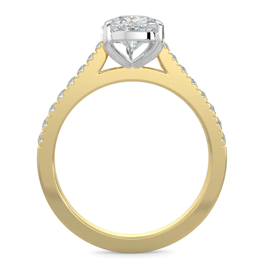 Front view of a gold solitaire lab diamond engagement ring featuring a round cut diamond in silver color six-prong setting.