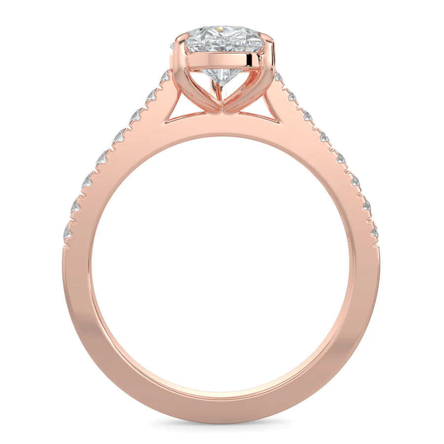 Front view of a rose gold solitaire lab diamond engagement ring featuring a round cut diamond in six-prong setting.