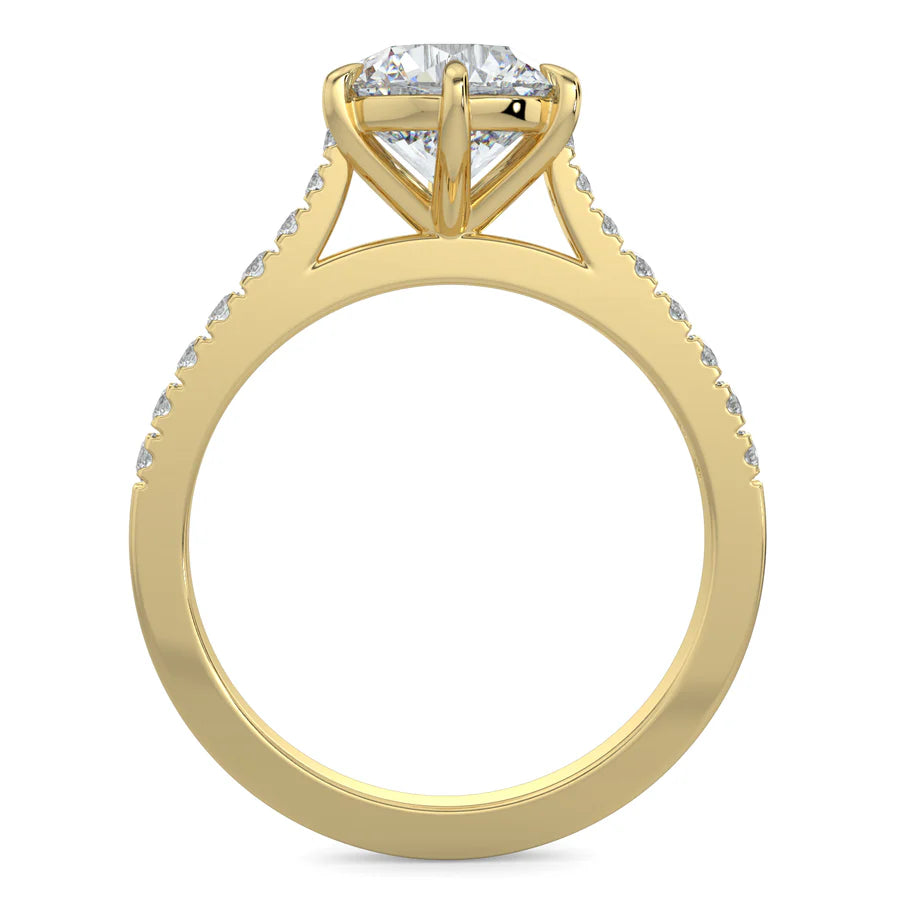 Front view of a round lab diamond ring in gold color featuring small diamonds on the band and a larger central diamond in six prong setting.