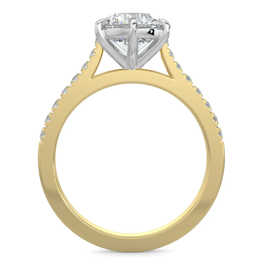 Front view of a round lab diamond ring in gold color featuring small diamonds on the band and a larger central diamond in silver color six prong setting.