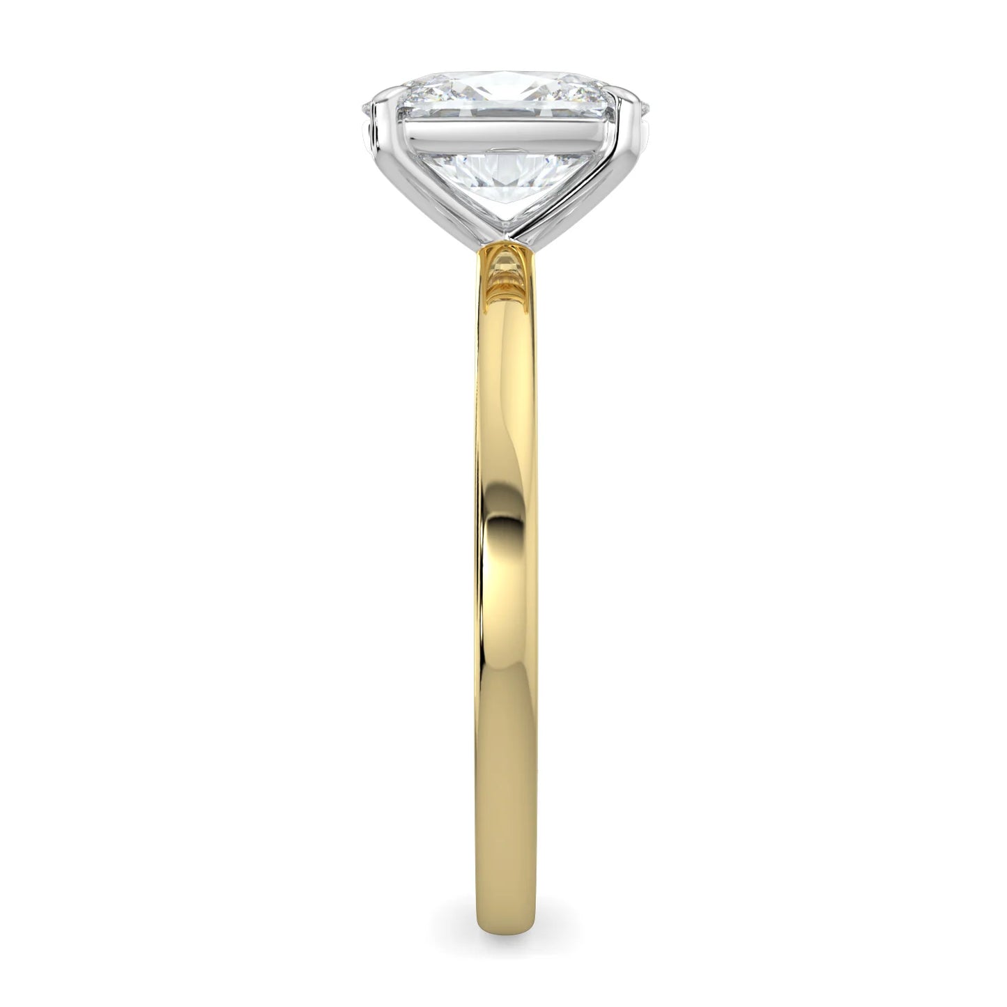 Side view of yellow lab diamond ring featuring a diamond on round polished band in two prong setting.