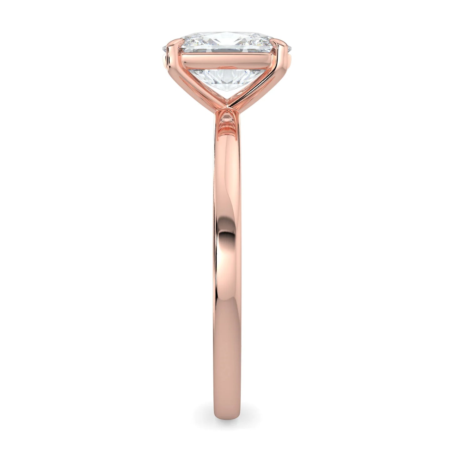 Front view of rose gold lab diamond ring featuring a diamond on round polished band in two prong setting.