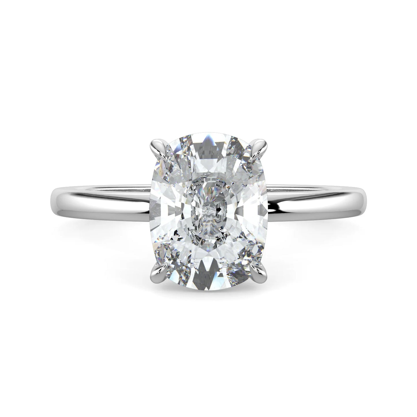 Front view of silver lab diamond ring featuring a diamond on round polished band in four prong setting.