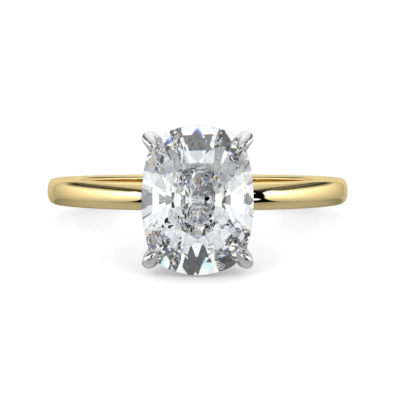 Front view of yellow lab diamond ring featuring a diamond on round polished band in four prong setting.