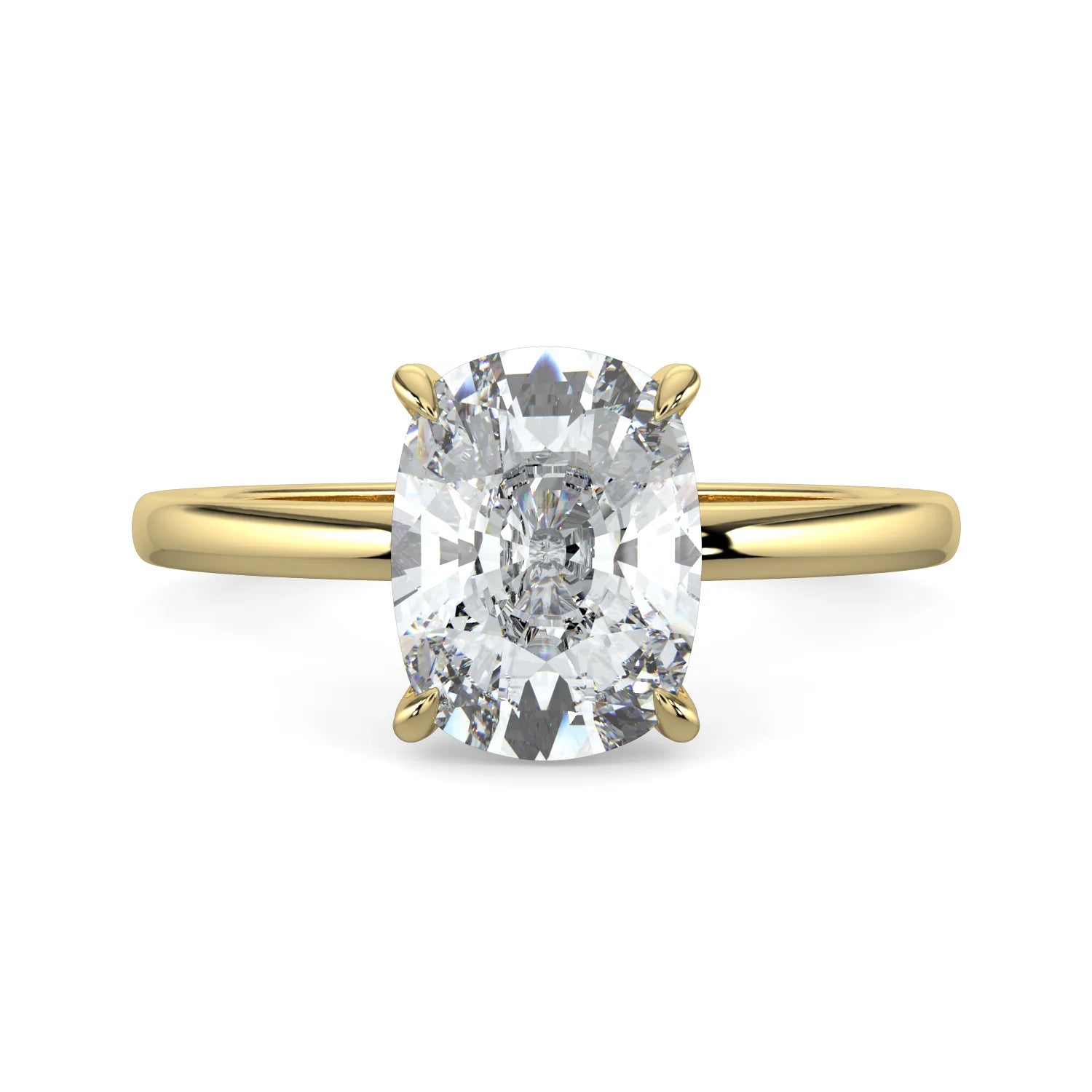 Top view of yellow lab diamond ring featuring a diamond on round polished band in four prong setting.