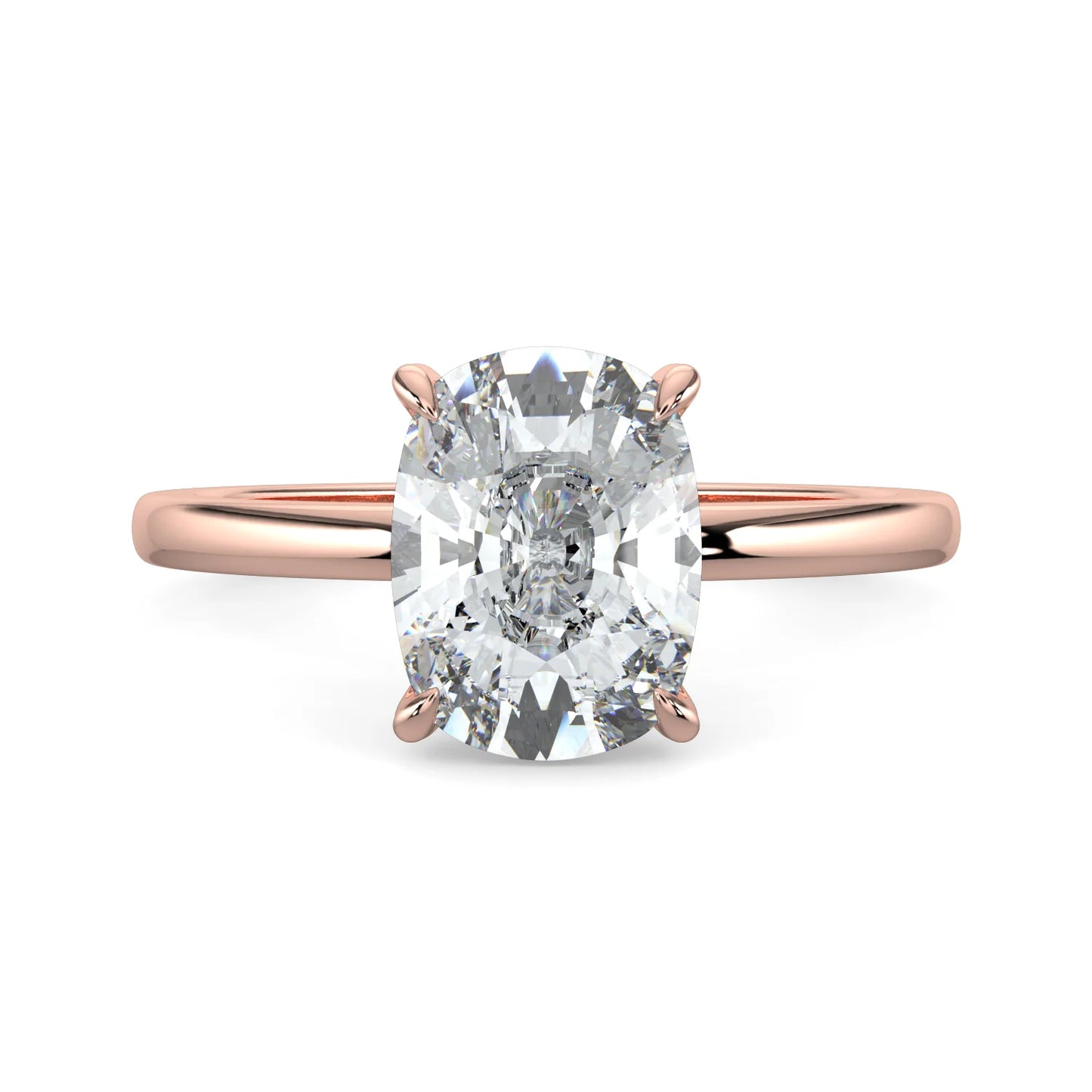 Top view of rose gold lab diamond ring featuring a diamond on round polished band in four prong setting.