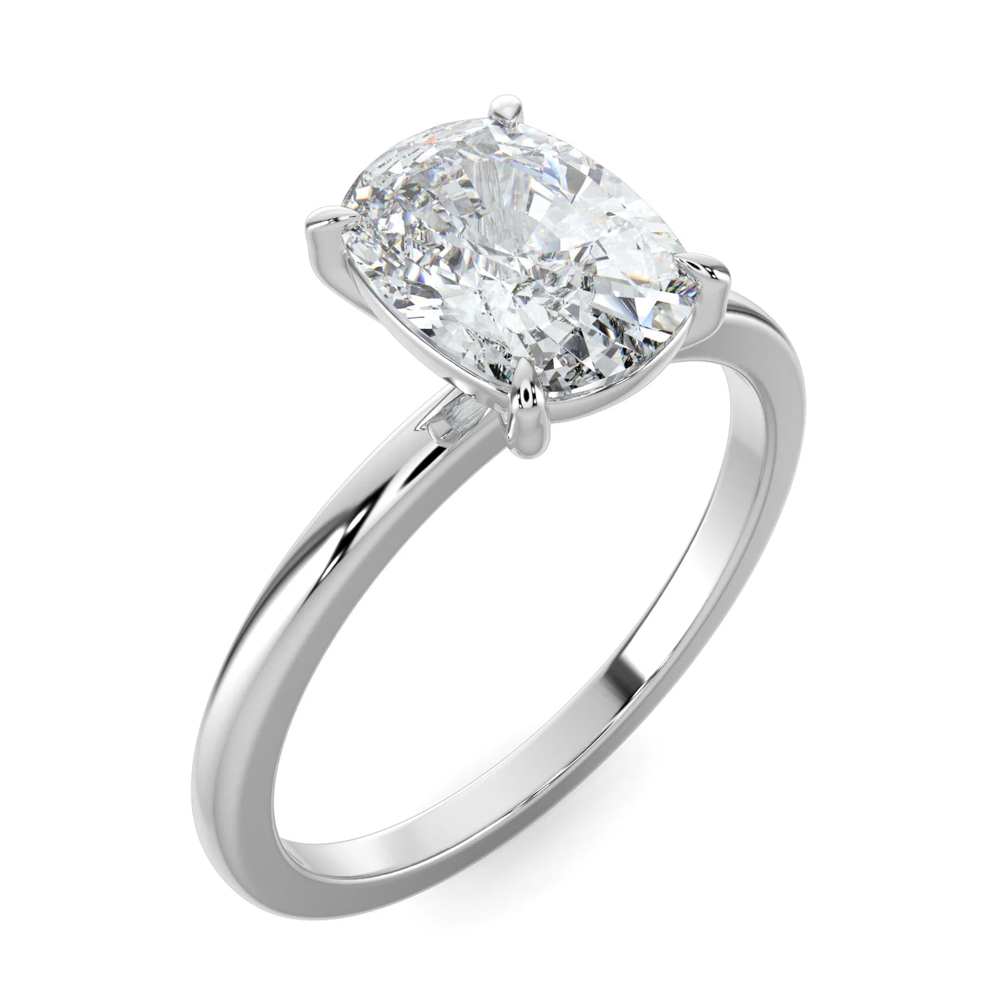 Angled view of silver lab diamond ring featuring a diamond on round polished band in four prong setting.