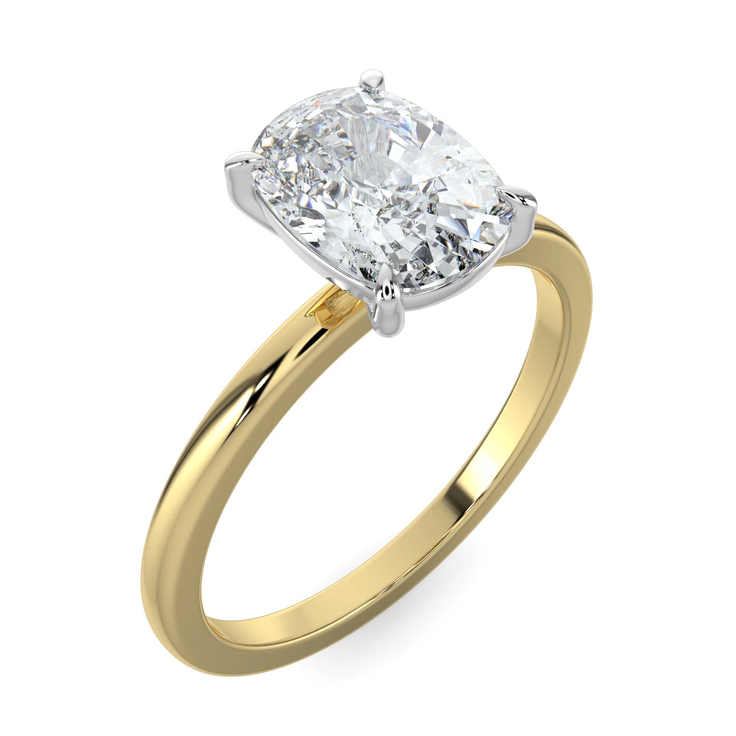 Angled view of yellow lab diamond ring featuring a small diamond on round polished band in four prong setting.