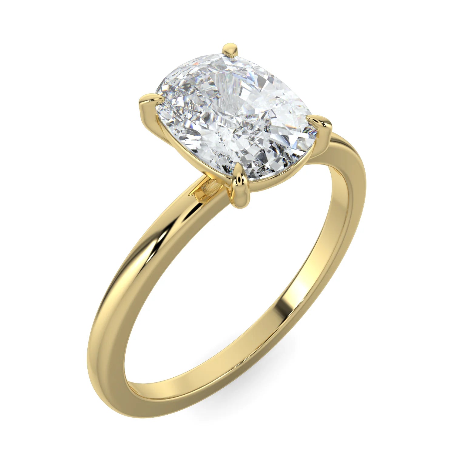 Angled view of yellow lab diamond ring featuring a diamond on round polished band in four prong setting.