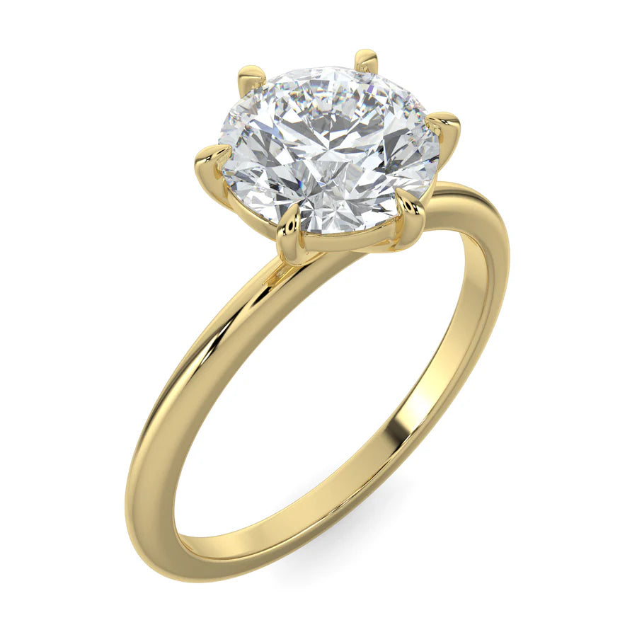 Angled view of yellow lab diamond ring featuring a diamond on round polished band in six prong setting.