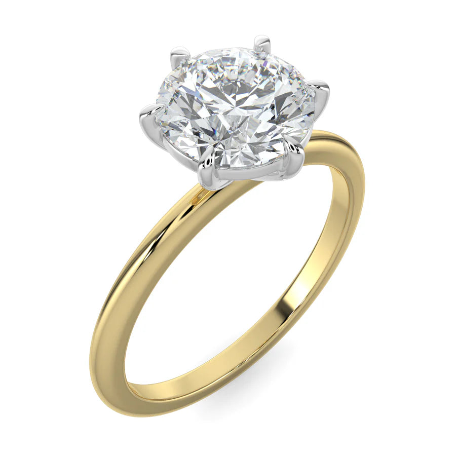 Yellow lab diamond ring featuring a diamond on round polished band in six prong setting.