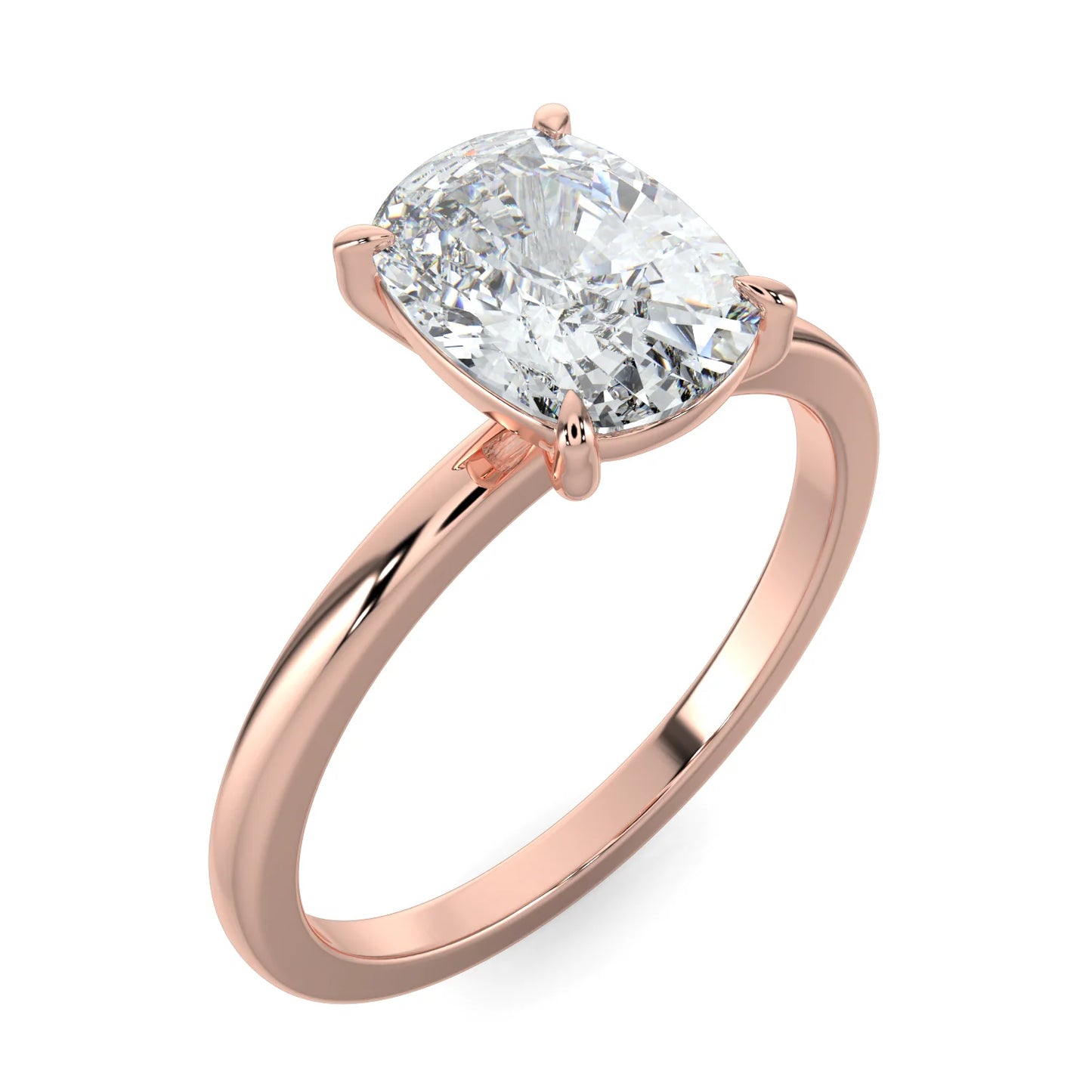 Angled view of rose gold lab diamond ring featuring a diamond on round polished band in four prong setting.